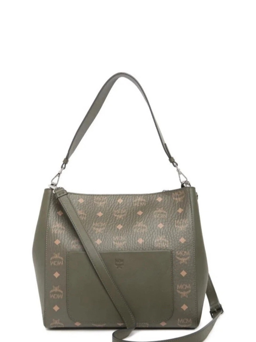 MCM Olive Logo-Print Leather Shoulder Bag with Pocket